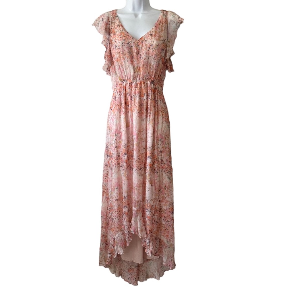 Anthropologie HD In Paris Sidra Pink Floral Chiffon Ruffled Maxi Dress- Size 4